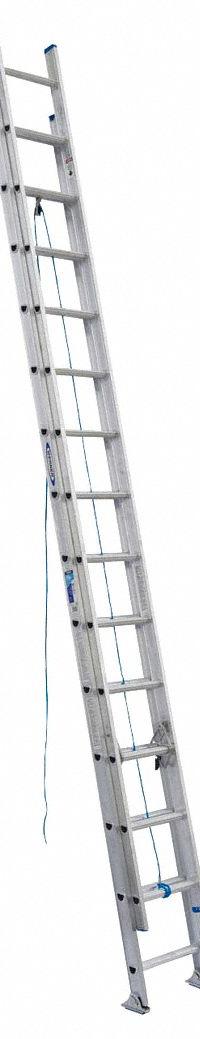 WERNER Extension Ladder: 28 ft Ladder Size, Aluminum, 250 lb Load Capacity, 51 lb Wt, 2 Sections (MPN D1328-2). Key specifications — Color: Silver; Brand: WERNER; Included Features: Mar-Resistant End Caps; Removable Fly: Removable.