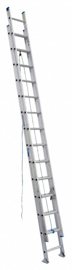WERNER Extension Ladder: 28 ft Ladder Size, Aluminum, 250 lb Load Capacity, 51 lb Wt, 2 Sections (MPN D1328-2). Key specifications — Color: Silver; Brand: WERNER; Included Features: Mar-Resistant End Caps; Removable Fly: Removable.