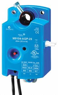 Actuator: VAV Boxes, Floating Point, Non-Spring Return, 35 in-lb, 20 to 30V AC, Hardwired (MPN M9104-AGP-2S). Key specifications — Manufacturer Part Number: M9104-AGP-2S; Shaft Type: Self-Centering; Shaft Rotation: CW/CCW; Stroke Degree: 93°; Power Rating: 2.1W; Input Voltage: 20 to 30V AC; Brand: JOHNSON CONTROLS; For Use With Building Automation Systems: Building Automation System Compatible.