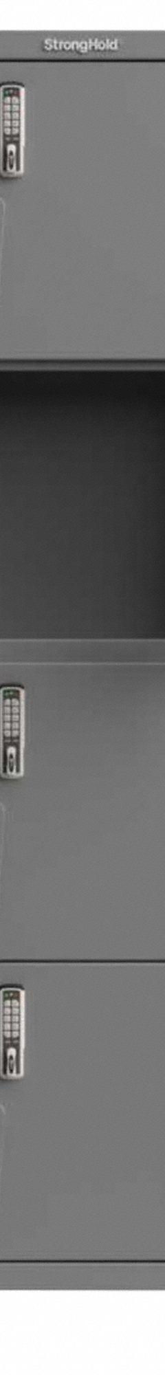 STRONG HOLD Locker: 54 in x 18 in x 75 in, 4 Tiers, 3 Units Wide, 12 Lockers, 18 in x 18 in, Steel (MPN 4.66-12D-18-4T-EK-L). Key specifications — Mounting Style: Surface; Brand: STRONG HOLD; Handle Type: Swing; Locker Color: Gray; Mounting Location: Freestanding; Locker Material: Steel; Frame Assembled: Assembled; Lock Type: Electronic Keypad.
