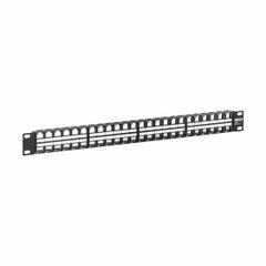 Patch Panel: 1 Rack Units, 48 Ports, Flat, Front Numbered/With Labels, Unshielded, Rear Access (MPN N062-048-KJ). Key specifications — Brand: EATON TRIPP LITE; Compatible Cable Performance Category: 5e; Compatible Adapter Type: Keystone Jacks; _Access Type: Rear Access; _Port Labeling: Front Numbered; _Shielded: Unshielded.