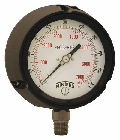 WINTERS Process Pressure Gauge: 0 psi to 1,000 psi, White, 4 1/2 in Dial, 1/2 in NPT Male - All-Stainless Steel Wetted Parts & Casing