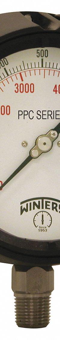 WINTERS Process Pressure Gauge: 0 psi to 1,000 psi, White, 4 1/2 in Dial, 1/2 in NPT Male, Bottom, 4 (MPN PPC5070-SG45). Key specifications — Brand: WINTERS; Pointer Color: Black; Accuracy: ±0.5%; Dial Color: White; Gauge Wetted Parts: Stainless Steel; Case Material: Phenolic; Vibration Resistance Properties: Field-Fillable; Pressure Range: 0 psi to 1,000 psi.