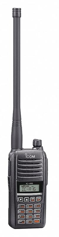 ICOM Handheld Two-Way Radio: Aviation, VHF, Analog, 6 W, 200 Channels, Alphanumeric, A16, 17 hr (MPN A16B 51 USA). Key specifications — Minimum Frequency: 118 MHz (Transmitter); Display Type: Alphanumeric; Maximum Frequency: 136.99166 MHz (Transmitter); FCC License Required: Yes.
