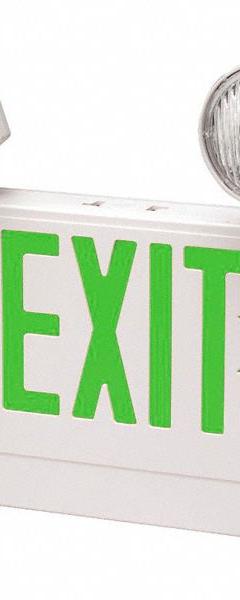 Exit Sign with Emergency Lights: White, 1 or 2 Faces, Green, LED, Ceiling/Wall, Lead Calcium (MPN 2DZF-PAR-GW). Key specifications — Voltage: 120/277V AC; Self Diagnostics: No; Housing Color: White; Brand: BIG BEAM; Directional Indicators: Universal Field Selectable Chevrons; Lighting Technology: LED; Remote Capable: No; Text Color: Green.