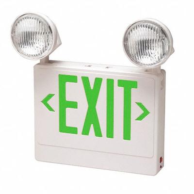 BIG BEAM Exit Sign with Emergency Lights: White, 1 or 2 Faces, Green, LED, Ceiling/Wall - Plastic Exit Signs with Round Top-Mount Light Heads