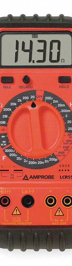AMPROBE LCR Meter: 200 pF to 2 mF, 20 ohm to 20 megaohm, 200 uH to 200 H, No Certification Included (MPN LCR55A). Key specifications — attr1387597: AMPROBE; attr1387618: LCR Meter; attr1387595: LCR55A.