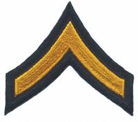 HEROS PRIDE Embroidered Patch: PFC, 3 in, Black/Gold, Polyester/Rayon, Rank Insignia, 1 PR (MPN 5405P). Key specifications — attr188498: 3 in; attr188499: Gold; attr188500: Rayon; attr188503: PFC; attr193746: HEROS PRIDE.