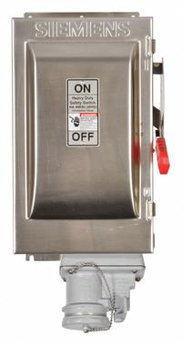 SIEMENS Safety Switch: Fusible, 100 A, Three Phase, 600V AC, 304 Stainless Steel, Indoor/Outdoor (MPN HF363SCH). Key specifications — Brand: SIEMENS; Compatible Plug Series: Crouse-Hinds Arktite.