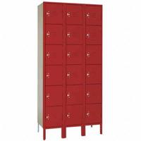 LYON Wardrobe Locker: 36 in x 18 in x 78 in, 6 Tiers, 3 Units Wide, Louvered, Padlock Hasp, Red, Red (MPN YFC53623SU). Key specifications — Locker Color: Red; Door Type: Louvered; Includes Number Plates: No; Brand: LYON; Assembled: Assembled; Color Family: Red.