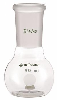 CHEMGLASS Boiling Flask: 125 mL, Colorless, flat bottom, A, 24/40 Compatible with Stopper Size (MPN CG-1500-02). Key specifications — Shape: flat bottom; Body Color: Colorless; Brand: CHEMGLASS; Compatible with Stopper Size: 24/40; USP Specification: Type I.