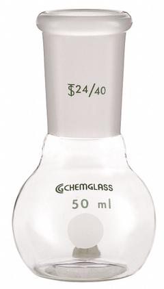 CHEMGLASS Boiling Flask: 125 mL, Colorless, flat bottom, A, 24/40 Compatible with Stopper Size (MPN CG-1500-02). Key specifications — Shape: flat bottom; Body Color: Colorless; Brand: CHEMGLASS; Compatible with Stopper Size: 24/40; USP Specification: Type I.