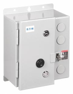 EATON NEMA Magnetic Motor Starter: Non-Reversing, 3 Poles, NEMA Size 1, 27 A, 24V AC Coil (MPN ECN0518TAA-R63/DL30). Key specifications — attr211388: EATON; attr951451: 1NO/1NC; attr951453: 24V AC; attr951489: Three; attr984425: 1NO/1NC; attr984429: Pilot Light; attr997361: None (Not Applicable to Electronic Overloads).