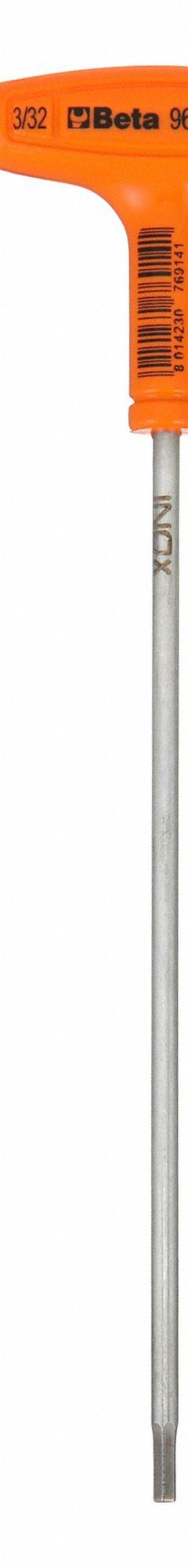 BETA Hex Key: 0 Ball Ends, 3/32 in Tip Size, SAE, Long, Stainless Steel, Satin, 4 1/2 in Long Arm Lg (MPN 96T INOX). Key specifications — attr1205521: BETA; attr1205526: Satin.