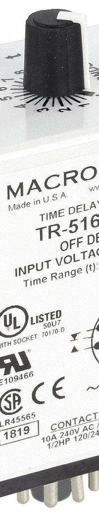 MACROMATIC Single Function Time Delay Relay: Socket Mounted, 240V AC, 10 A, 11 Pins/Terminals (MPN TR-51621-05). Key specifications — Brand: MACROMATIC.