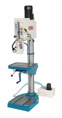 BAILEIGH INDUSTRIAL Floor Drill Press: Geared Head Drive, Variable Speed, 108 RPM – 1,800 RPM, 9 A (MPN DP-1500G). Key specifications — attr22849: 108 to 8,000 RPM; attr22858: 220V AC; attr73523: Tapping; attr22856: Geared Head; attr73570: Three-Phase; attr22846: 3-1/2 hp; attr22840: 9 A; attr22865: Yes.