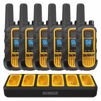 DEWALT Handheld Two Way Radio: DXFRS800 Series, FRS/GMRS, Analog, 2 W, 22 Channels, Alphanumeric (MPN DXFRS800-BCH6B). Key specifications — Color: Yellow; FCC License Required: No.
