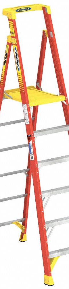 WERNER Podium Stepladder: 8 ft Ladder Size, Fiberglass, 300 lb Load Capacity, 33 lb Wt (MPN PD6206). Key specifications — Brand: WERNER; Included Features: Guard Rail.