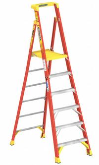 WERNER Podium Stepladder: 8 ft Ladder Size, Fiberglass, 300 lb Load Capacity, 33 lb Wt (MPN PD6206). Key specifications — Brand: WERNER; Included Features: Guard Rail.