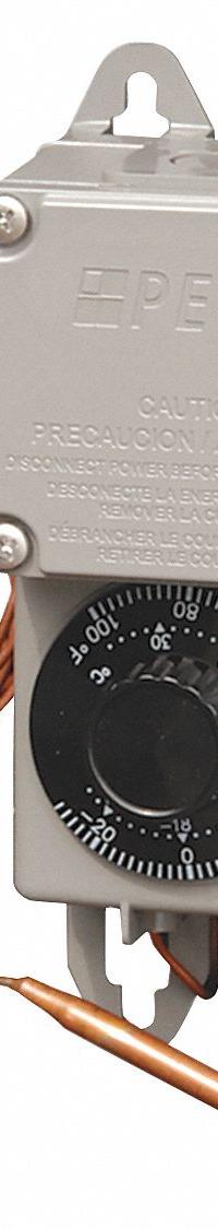 PECO Industrial NEMA 4X Thermostat: Heat or Cool, 120 /208/240/277/480 V AC (MPN TRF 115-007). Key specifications — attr400419: 120 /208/240/277/480 V AC; attr400408: Heat or Cool; attr408361: PECO.