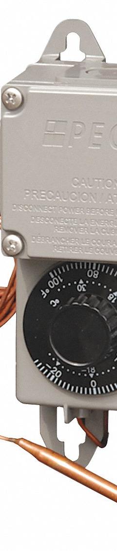 PECO Industrial NEMA 4X Thermostat: Heat or Cool, 120 /208/240/277/480 V AC (MPN TRF 115-007). Key specifications — attr400419: 120 /208/240/277/480 V AC; attr400408: Heat or Cool; attr408361: PECO.