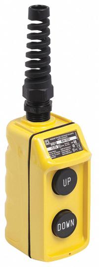 SCHNEIDER ELECTRIC Pendant Control Station: (2) Push Buttons, 2NO, Up/Down, NEMA 1/3/3R/4/4X (MPN 9001BW102Y). Key specifications — AC Contact Rating: 5 A @ 600 V; Enclosure Material: Thermoplastic; Hub Style: Dead-End; Legend: Up/Down; Operator Configuration: (2) Push Buttons; Brand: SCHNEIDER ELECTRIC; Manufacturer Part Number: 9001BW102Y; Operator Configuration Type: (2) Push Buttons.
