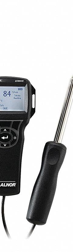 TSI ALNOR Anemometer: 1 fpm Air Velocity Resolution, Dew Point/Relative Humidity, Hot Wire, Included (MPN AVM440-A). Key specifications — Calibration Certificate Type: NIST; Data Logging: Yes; Manufacturer Part Number: AVM440-A; Brand: TSI ALNOR; Temperature Accuracy: +/ 0.5°; Digital Display Screen Type: LCD; Display Type: Digital; Includes: Carrying Case.