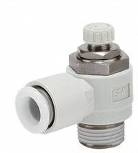 SMC Speed Control Valve: Elbow Fitting, Screw, 1/4 in/1/8 in Valve Body Size, 5/16 in Tube, Meter In (MPN AS2211FG-N01-09S). Key specifications — attr947203: Stainless Steel; attr947205: SMC.