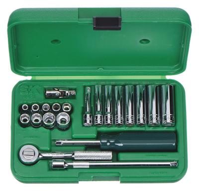 SK PROFESSIONAL TOOLS Socket Wrench Set: 1/4 in Drive, 21 Piece, 6-Point, SAE - SAE Socket Sets with Drive Tools