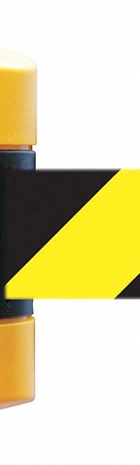 TENSABARRIER Retractable Belt Barrier: Fixed Mounting Plate, 30 ft Belt Lg, Pattern, Black/Yellow (MPN 897-30-S-35-NO-D4X-C). Key specifications — Frame Color: Black/Yellow; Brand: TENSABARRIER; Belt Color: Black/Yellow.