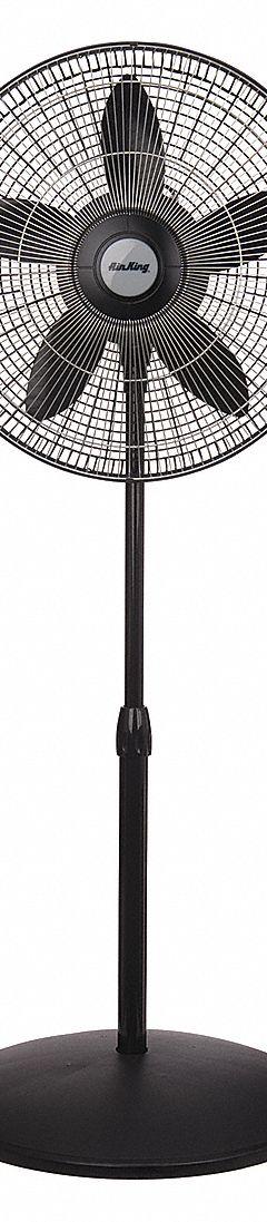 AIR KING Freestanding Fan: 18 in Blade Dia, 53 3/4 in Ht, 3 Speeds, Oscillating, Black, Steel (MPN 9118). Key specifications — Brand: AIR KING; Number of Speeds: 3; Guard Material: Steel; Voltage: 120V AC; Oscillation: Oscillating; Includes Remote Control: No; Application: Home and Office; Power Source: Plug-In.