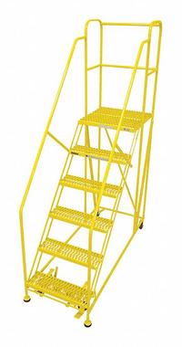 COTTERMAN Work Platform: 5 ft Platform Ht - Max, 36 in x 60 in, Steel, 800 lb Load Capacity (MPN 6WP3660RA3B4B8AC2P6). Key specifications — Folding: Not Foldable; Mobility: Rolling; Components Included: Rubber Foot Pads; Use Location: Indoor; Brand: COTTERMAN; Color: Yellow; Height Adjustability: Fixed Height; Includes Handrails: Handrails Included.