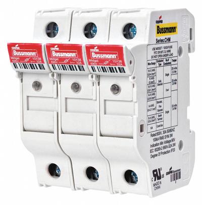 BUSSMANN Fuse Block: Finger-Safe, 3 Pole, 600 V AC, DIN Rail Mounting - Midget Fuse Blocks