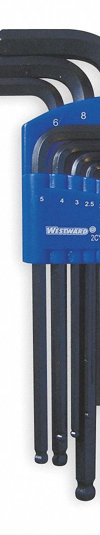 WESTWARD Hex Key Set: 6 - 10 Pieces, L, Metric, Single Ball End, Long, 9 Pieces, Organizer, 2 Tips (MPN 2CYC5). Key specifications — attr1205553: Not Tether Capable; attr1205554: WESTWARD; attr1205568: Black Oxide; attr1293176: 6 - 10 Pieces.