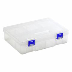 QUANTUM STORAGE SYSTEMS Compartment Storage Box: 9 1/4 in x 6 1/4 in x 2 1/4 in, Clear, Double Latch (MPN QB600). Key specifications — Color: Clear; Brand: QUANTUM STORAGE SYSTEMS; Material: Plastic.