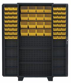 JAMCO Bin Cabinet: 36 in x 24 in 78 in, 8 Shelves, 64 Bins, Yellow, Deep Box, 14 ga Panel, Black (MPN DU236BL). Key specifications — Bin Color: Yellow; Bin HxWxD: (48) 3 in x 4-1/8 in x 7-1/2 in; Assembled: Assembled; Cabinet Style: Shelf and Bin; Brand: JAMCO; Cabinet Color: Black; Cabinet Finish: Powder Coated; Cabinet Material: Steel.