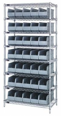 QUANTUM STORAGE SYSTEMS Bin Shelving: 36 in x 18 in x 74 in, 1 Sided, 35 Bins, Open, Shelf Bin, Gray (MPN WR8-461GY). Key specifications — Includes Bins: Yes; Bin Material: Polypropylene; Frame Color: Silver; Bin HxWxD: (35) 7 in x 6 in x 18 in; Frame Material: Steel; Bin Color: Gray; Bin Style: Shelf; Brand: QUANTUM STORAGE SYSTEMS.