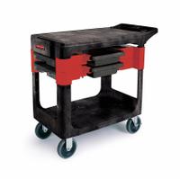 RUBBERMAID COMMERCIAL PRODUCTS Utility Cart: 330 lb, 2 Shelves, 28 in L x 16 in W Self, Black, Flat (MPN FG618000BLA). Key specifications — Shelf Color: Black; Brand: RUBBERMAID COMMERCIAL PRODUCTS; Caster/Wheel Configuration: (2) Swivel.