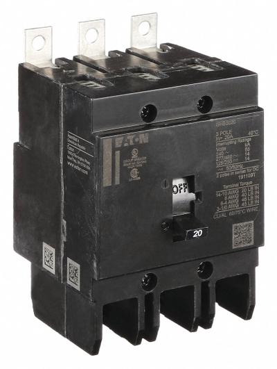 EATON Miniature Circuit Breaker: 20 A, 277/480V AC, Three Phase, 14kA at 277/480V AC - GHB Series, Bolt-On Eaton Cutler-Hammer Miniature Circuit Breakers