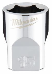 MILWAUKEE Standard Socket: Metric, 3/8 in Drive Size, 15 mm Socket Size, 6-Point, Std, Chrome (MPN 45-34-9085). Key specifications — attr1204417: MILWAUKEE; attr1204392: Chrome.