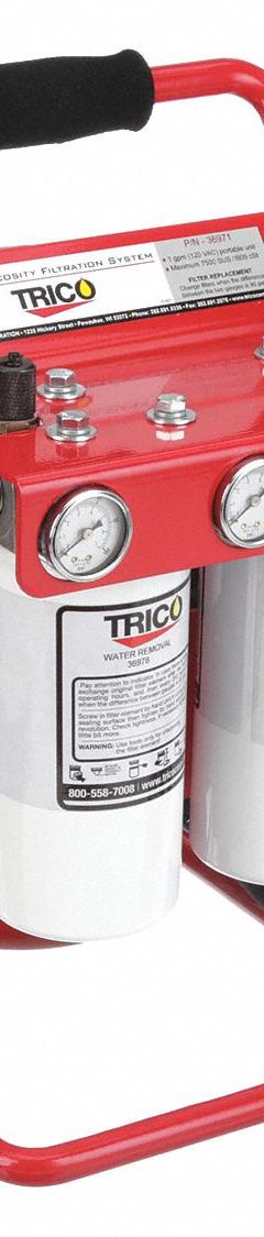 TRICO Hand Held Hydraulic Filter Unit: 85 psi Max Pressure, 1 gpm Max Flow Rate, Electric, 2 Filters (MPN 36971). Key specifications — attr1017512: TRICO.