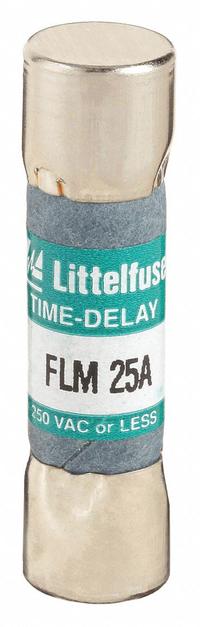 LITTELFUSE Fuse: FLM Series, Midget, Time-Delay, 25 A, 250 V AC, 13/32 in x 1 1/2 in, Non-Indicating (MPN FLM025). Key specifications — Series: FLM; Brand: LITTELFUSE.