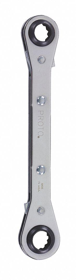 PROTO Box End Wrench: Chrome, 3/4 in_7/8 in Head Size, 9 1/4 in Overall Lg, Std - SAE, Double End, 12-Point, Ratcheting Box End Wrenches