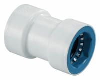 HYDRORAIN Coupling: 3/4" Push x 3/4" Push, ABS Plastic, 150 psi Max Working Pressure, 2.38 in Wd (MPN 07776). Key specifications — attr1069071: 3/4" Push x 3/4" Push; attr1069078: ABS Plastic; attr1069080: Coupling.