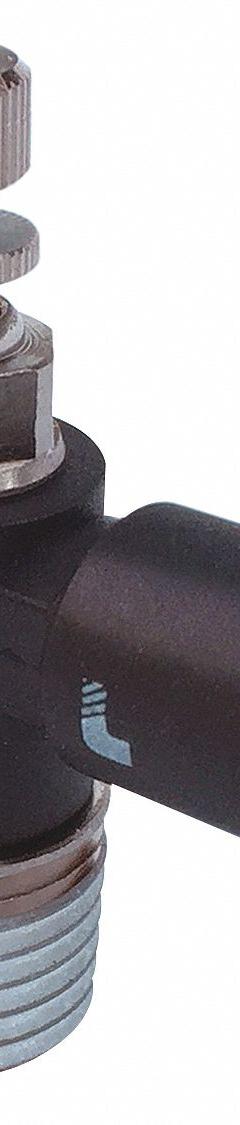 LEGRIS Miniature Flow Control: Elbow Fitting, Screw, 6 mm Valve Body Size, 6 mm Tube, Meter Out (MPN 7665 06 17). Key specifications — attr947203: Technical Polymer; attr947205: LEGRIS.