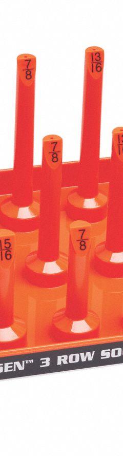 HANSEN Socket Tray: Orange, 18 1/8 in Overall Wd, 42 Posts/Slots, Plastic, Sockets (MPN 12053). Key specifications — attr1125348: Plastic; attr1125346: HANSEN; attr1125347: Orange; attr1136588: Sockets; attr1125364: Socket Tray.