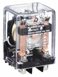 OMRON Latching Relay: Socket Mounted, 10 A Current Rating, 24V DC, DPDT, 9 Pins/Terminals, C Socket (MPN MJN2CK-DC24). Key specifications — Brand: OMRON; Base Type: Square; Mounting Style: Plug-In; Pin Shape: Round; Electrical Connection: Plug-In; Manufacturer Part Number: MJN2CK-DC24; Series: MJN Series.