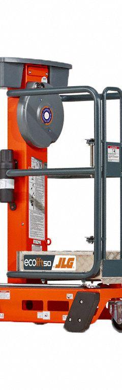 JLG Mobile Personnel Lift: Manual, Push-Around, 5 ft Elevated Platform Ht, 28 in x 24 in (MPN EcoLift50). Key specifications — attr1045274: JLG; attr1045277: Automatic Locking Brake.