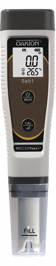 OAKTON Salinity Meter: 0 ppt – 10 ppt, ±1% FS Salinity Accuracy, 0°C – 50°C, Auto, +/-0.9°F/0.5°C (MPN 3563412). Key specifications — Salinity Accuracy: ±1% FS.
