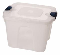 HOMZ Storage Tote: 10 gal, 19 in x 15 3/4 in x 13 1/2 in, Clear Body, Clear Lid, Not NSF Certified (MPN 8510GRCL.10). Key specifications — attr1188666: Plastic; attr1188671: Rounded; attr1188675: Clear; attr1188676: Clear; attr1188687: HOMZ; attr1188688: Not NSF Certified; attr1188689: Nesting Capable.